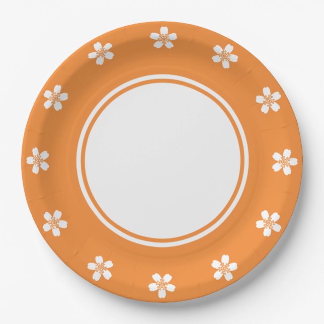 Prato De Papel Sakura encantadora na placa de papel laranja (Frente)
