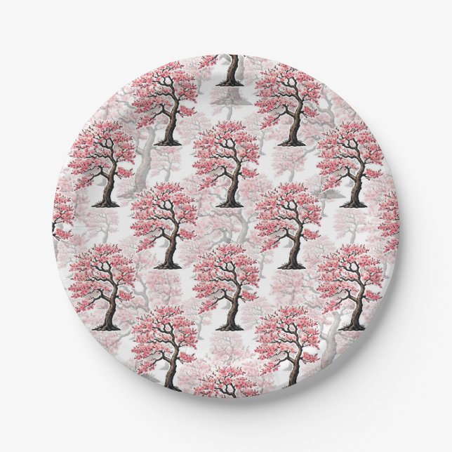 Prato De Papel Sakura Pink Chersom Tree Design (Frente)