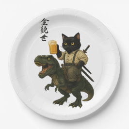 Prato De Papel Samurai Cat with Beer & T-Rex | Retro Japanese Art