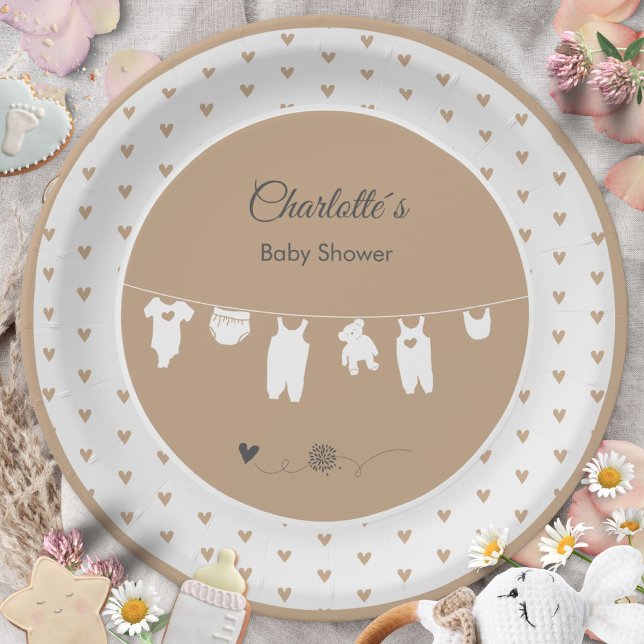 Prato De Papel Sand Hearts Boho Sexo Chá de fraldas Neutro (Sand Hearts Boho Gender Neutral Baby Shower Paper Plates ©Susanne Sachers - Sunny Mind 🌞)