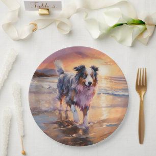 Prato De Papel Sandy Australian Shepherd Dog on Beach Sunset