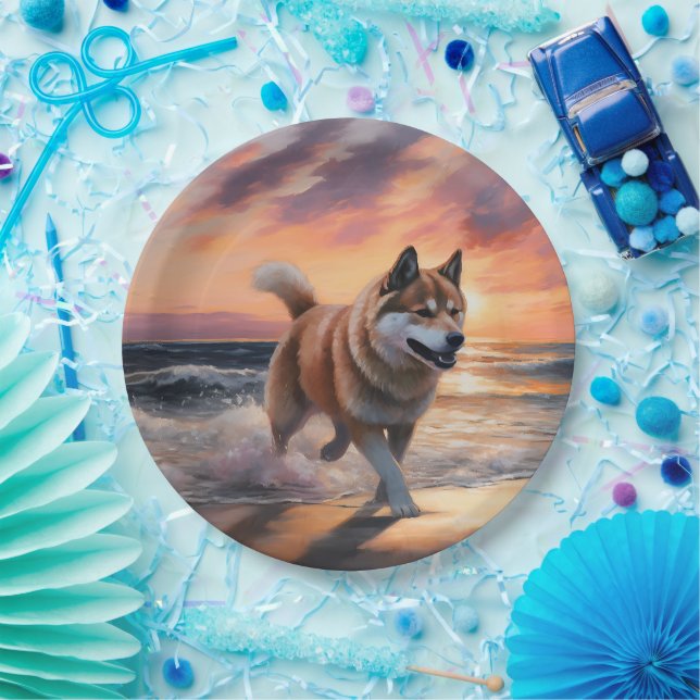 Prato De Papel Sandy Paws Akita Dog em Beach Sunset (Festa)