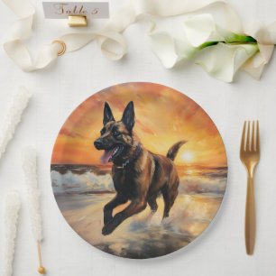 Prato De Papel Sandy Paws Cachorro Malinois Belga em Beach Sunset