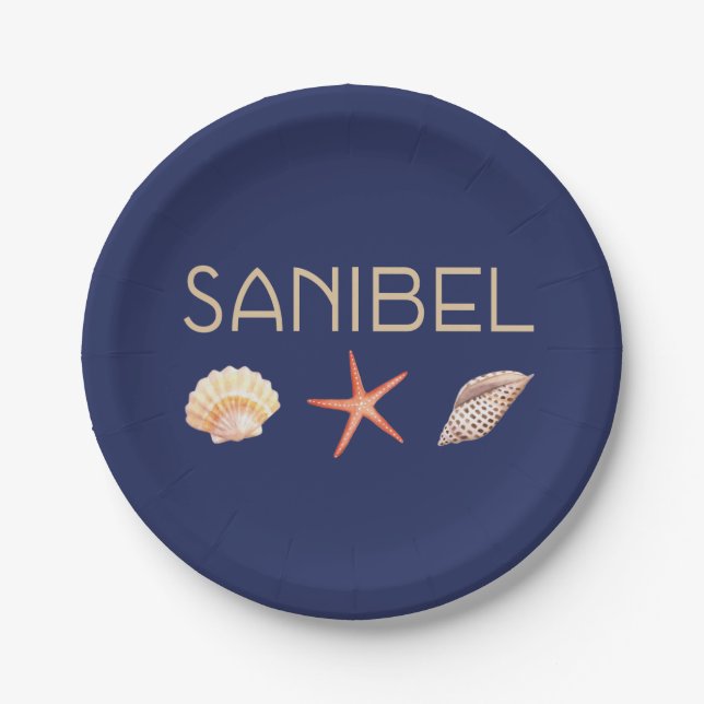 Prato De Papel Sanibel Island Flórida Seashells em Blue (Frente)