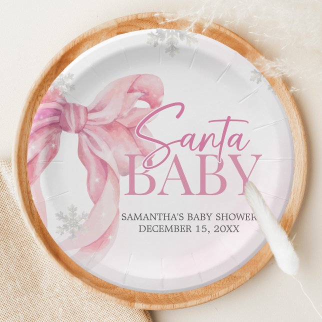 Prato De Papel Santa Baby Christmas Baby Shower (Pink Coquette Winter Baby Shower Paper Plate)