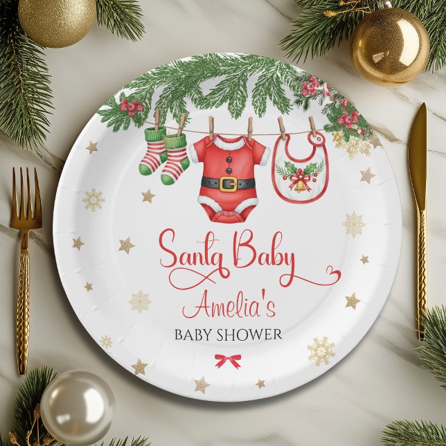 Prato De Papel Santa Baby Christmas Baby Shower Festive Holiday (Criador carregado)