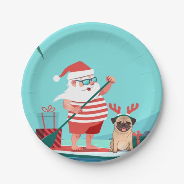 Prato De Papel Santa Claus and His Pug on a Surfboard (Frente)