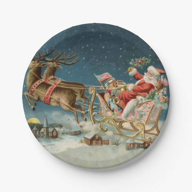 Prato De Papel Santa Claus Christmas Antique Sleigh Reindeer (Frente)