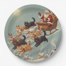 Prato De Papel Santa Sleigh with Flying Cats Paper Plates