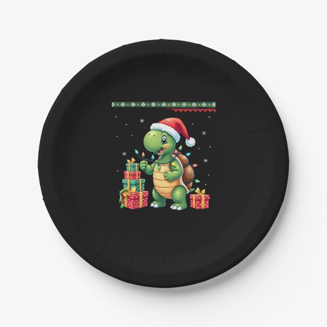 Prato De Papel Santa Turtle Christmas Ugly Sweater Funny Holiday  (Frente)