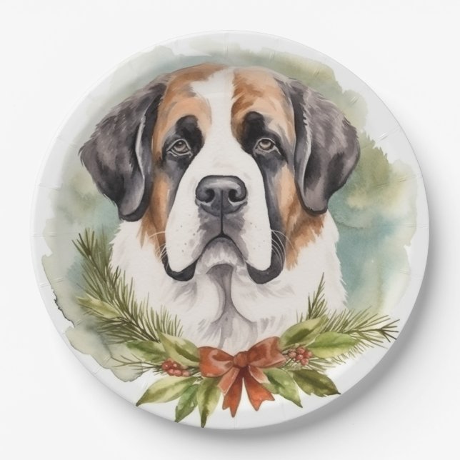 Prato De Papel Santo Bernard Christmas Wreath Festivo Pup (Frente)