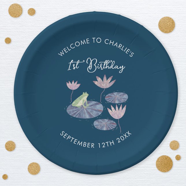 Prato De Papel Sapo em Lily Pond Cute First Party (Cute frog themed personalized first 1st custom age birthday party paper plates)