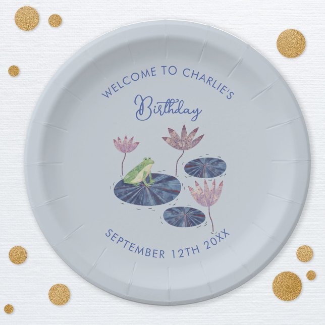 Prato De Papel Sapo em um Aniversário de criança Lily Pond Cute (Frog themed personalized custom text kids birthday party paper plates)