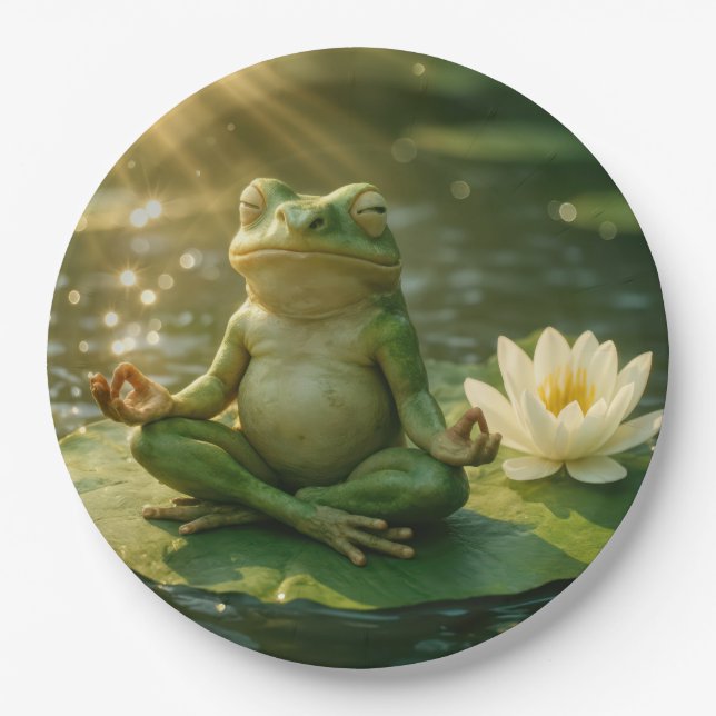 Prato De Papel Sapo Meditando Em Um Folha de Nenúfar (Frente)