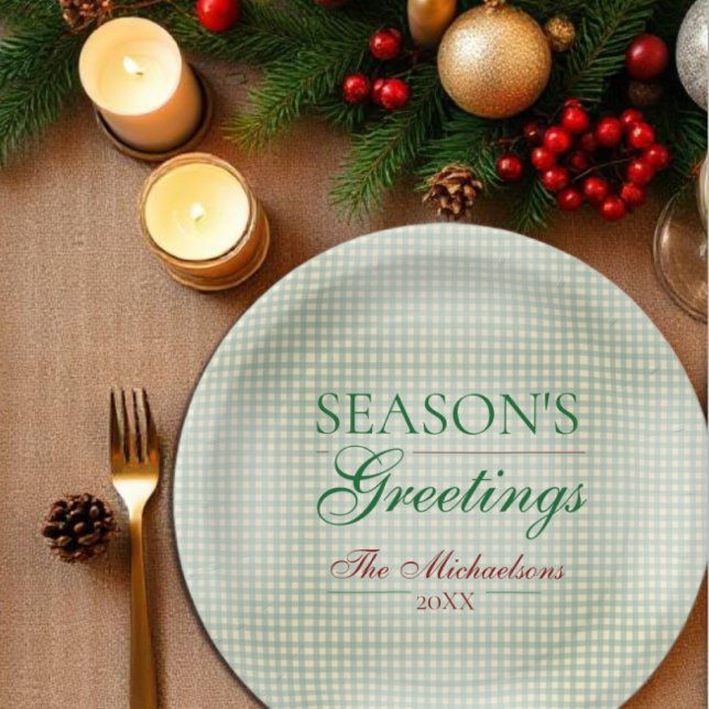 Prato De Papel Saudações da temporada Gingham Natal (Criador carregado)