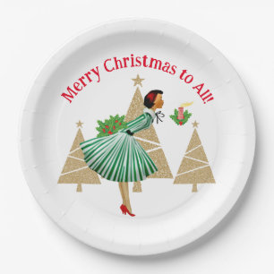 Prato De Papel Saudações de Natal da Dama Vintage de 1950