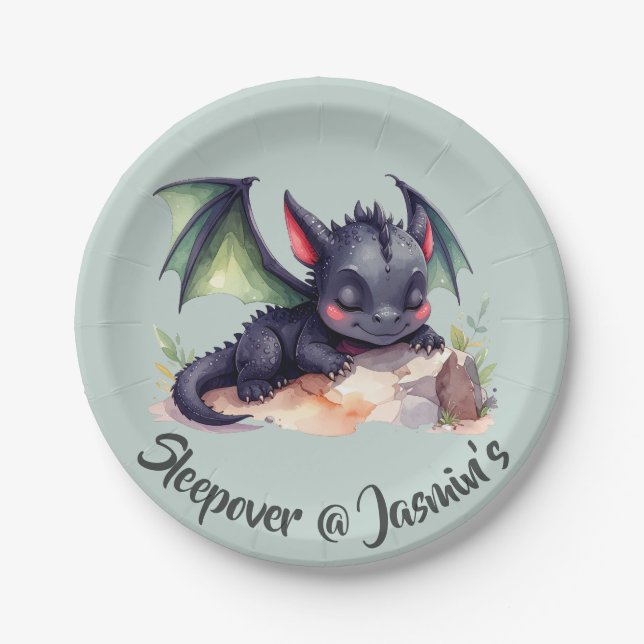 Prato De Papel Schlafender Drache mit grünen Flügeln  (Frente)