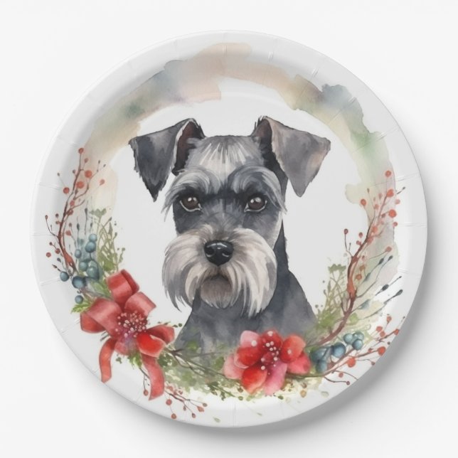 Prato De Papel Schnauzer Wreath Festivo Pup (Frente)