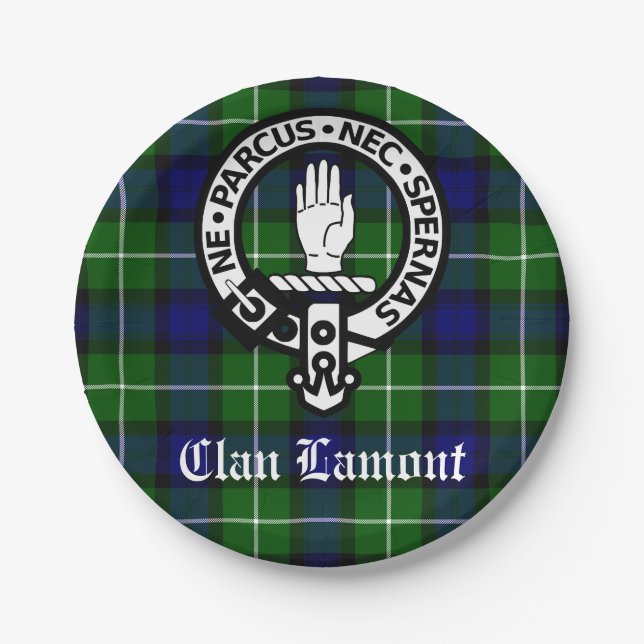 Prato De Papel Scottish Clan Lamont Crest Crachá e Tartan (Frente)
