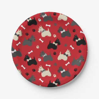 Prato De Papel Scottish Terrier Paws and Bones Red