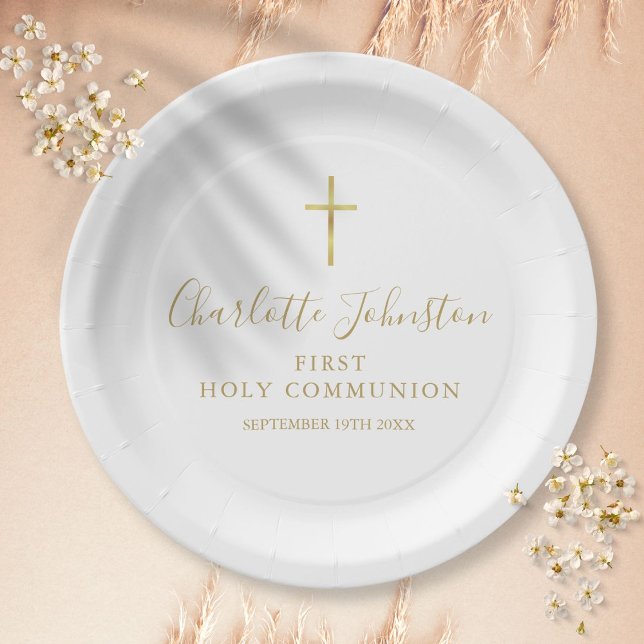 Prato De Papel Script de assinatura do Ouro da Primeira Comunidad (First Holy Communion Golden Signature Script Paper Plates)