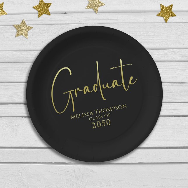 Prato De Papel Script de Caligrafia Dourada Preta de Formando Sim (Criador carregado)