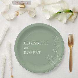 Prato De Papel Script de Casamento Floral de Sage Simples Elegant