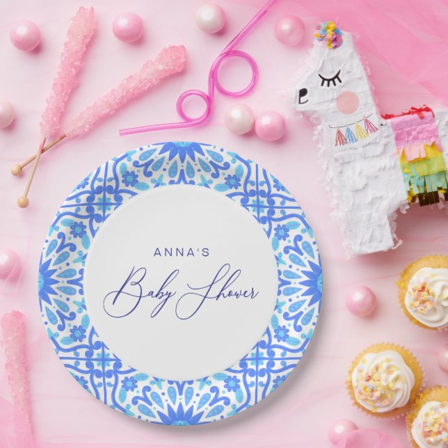 Prato De Papel Script de Chá de fraldas do Azulejo azul italiano (Festa)