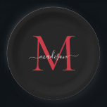Prato De Papel Script Elegante Moderno do Monograma Vermelho Burg<br><div class="desc">Simples Moderna Tendência Negra Borgonha Vermelha Monograma Vermelho Monograma Moderno Script Feminino Nome Placa de Papel</div>