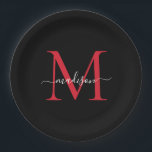 Prato De Papel Script Elegante Moderno do Monograma Vermelho Burg<br><div class="desc">Simples Moderna Tendência Negra Borgonha Vermelha Monograma Vermelho Monograma Moderno Script Feminino Nome Placa de Papel</div>