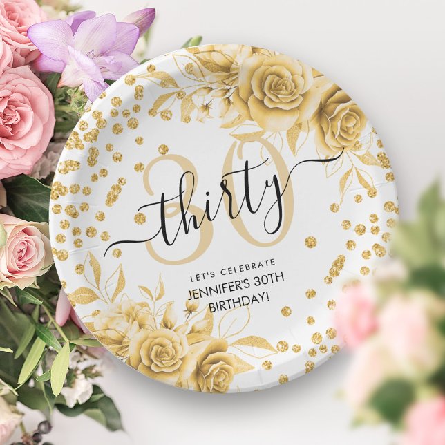 Prato De Papel Script Glam Dourado Floral Glitter aniversário de  (Glam Gold Floral Glitter 30th Birthday Script Paper Plates)