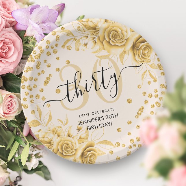 Prato De Papel Script Glam Dourado Floral Glitter aniversário de  (Glam Gold Floral Glitter 30th Birthday Script Paper Plates)