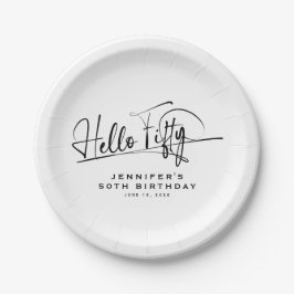 Prato De Papel Script Olá Cinquenta Minimalista Aniversário de 50