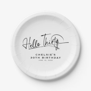 Prato De Papel Script Olá Trinta Minimalista Aniversário de 30 an