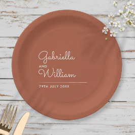 Prato De Papel Script Simples e Elegante Casamento de Terracota