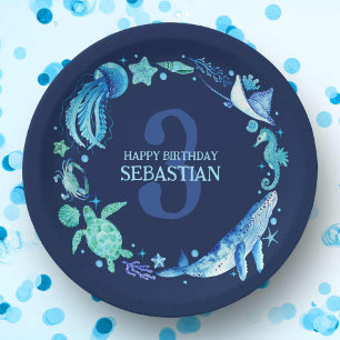 Prato De Papel Sea Life Party Ocean Animal Marinho Blue Watercolo