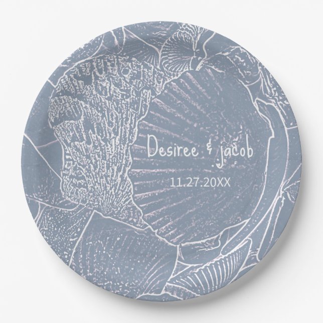 Prato De Papel Sea Shell Dusty Blue Coastal Beach (Frente)