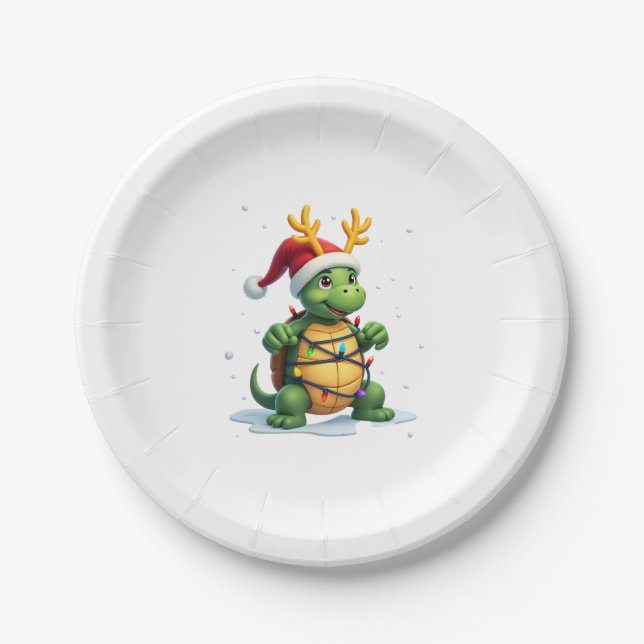 Prato De Papel Sea Turtle Santa Christmas Lights Cute Xmas Men Wo (Frente)