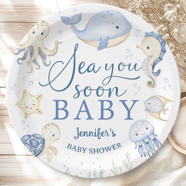 Prato De Papel Sea You Soon Baby Shower Boy Blue Ocean (Criador carregado)