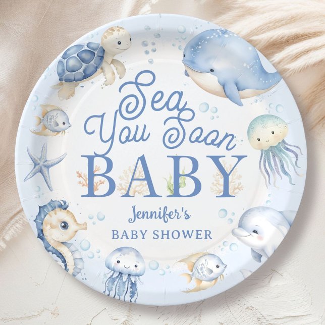 Prato De Papel Sea You Soon Ocean Baby Shower Boy Blue  (Criador carregado)