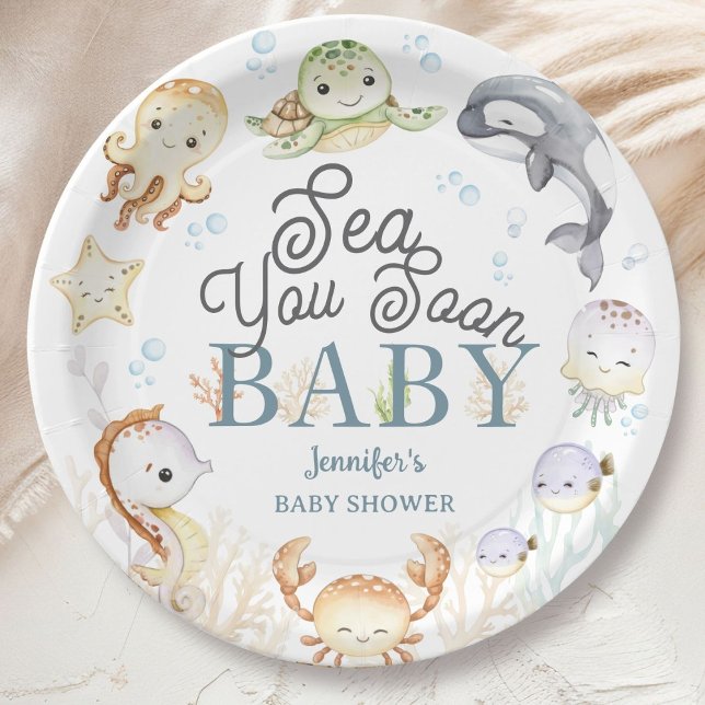 Prato De Papel Sea You Soon Ocean Baby Shower Gender Neutral  (Criador carregado)