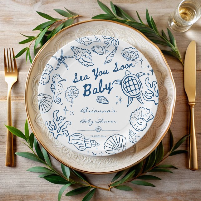Prato De Papel Sea you soon seashells beach boy baby shower (Sea you soon seashells beach boy baby shower personalized paper plates hand drawn sea creatures)