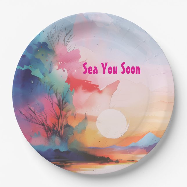 Prato De Papel Sea You Soon Watercolor Beach (Frente)