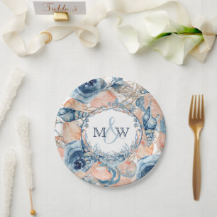 Prato De Papel Seashell e Rosas náuticos de praia de Casamento,