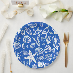 Prato De Papel Seashells Beach Wedes Blue White Cute Seaside