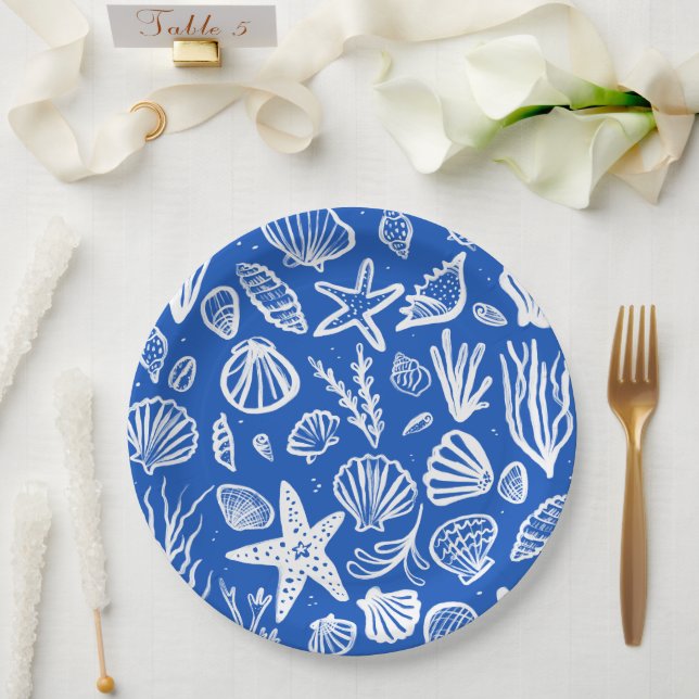 Prato De Papel Seashells Beach Wedes Blue White Cute Seaside (Casamento)