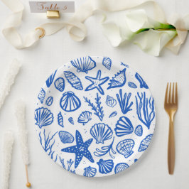 Prato De Papel Seashells Beach Wedes Blue White Cute Seaside