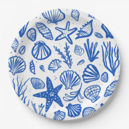 Prato De Papel Seashells Beach Wedes Blue White Cute Seaside