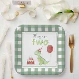 Prato De Papel Segundo aniversário de Dinossauro de Aquarela