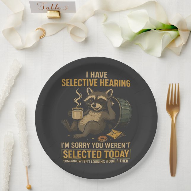 Prato De Papel Selective Hearing Funny Raccoon Coffee (Casamento)